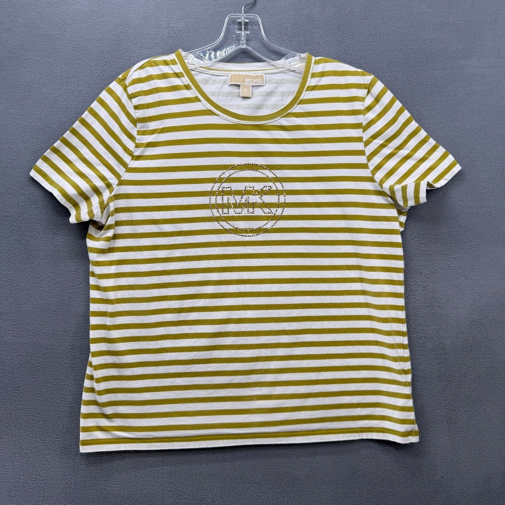 Michael Kors Womens XL Olive Green White Striped Studded MK Logo T-Shirt